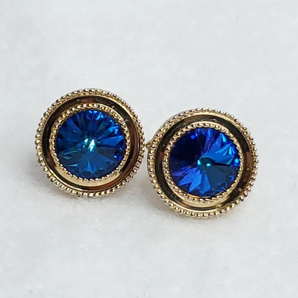 Vintage Rivoli Cufflinks Gold Tone Blue Rhinestone Sparkles